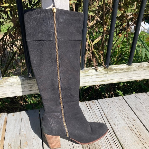 Cole Haan Davenport Tall Black Pebbled Nubuck Leather Stacked Block Heel Boots - Picture 2 of 9